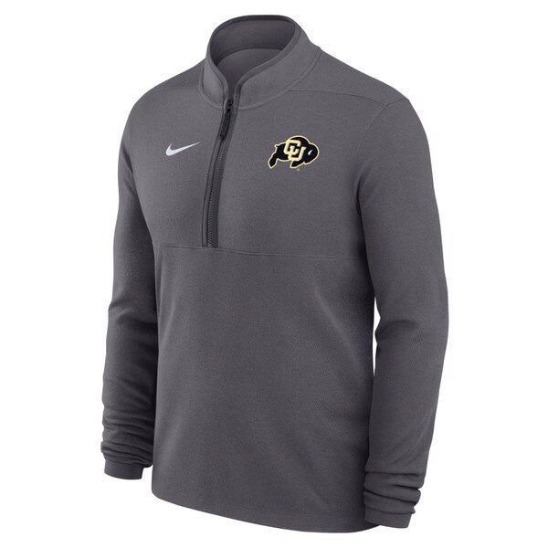 Gray quarter-zip pullover with black zipper, CU Buffaloes logo on left chest, and white Nike Swoosh on right chest